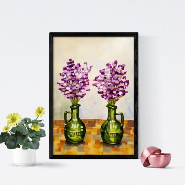 Purple flowers in green vase