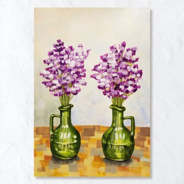 Purple flowers in green vase